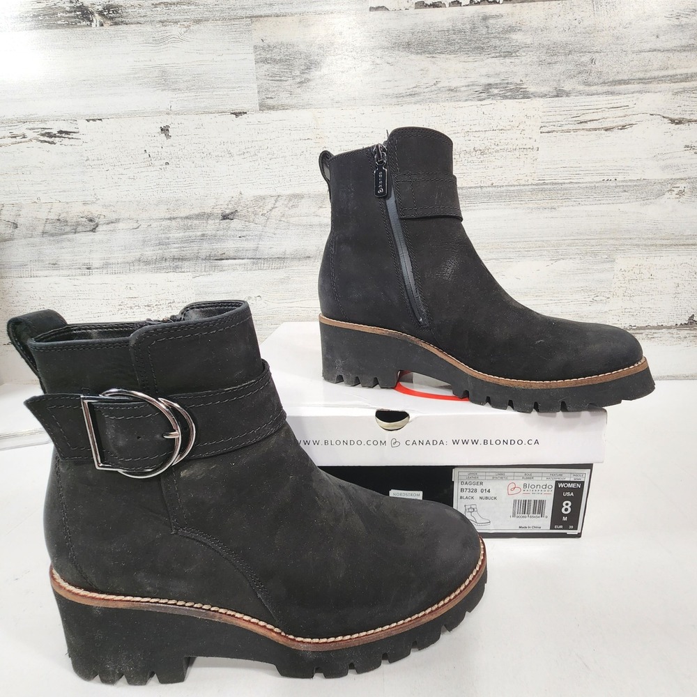 Blondo Dagger Boots Women Size 8 Black‎ Nubuck Waterproof Buckle Lug Sole NWB